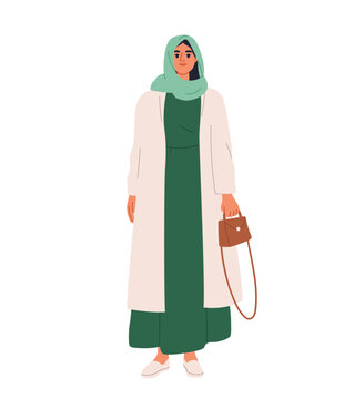 Muslim woman in hijab, Arab girl character. Modern Arab woman in hijab and dress. Muslim islamic arabic lady character standing, wearing scarf. Flat cartoon vector illustration isolated on white