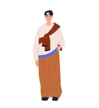 Asian man in streetwear, modern style clothes. Asian male, teenager character standing in oversize streetwear, casual wear, street outfit. Flat cartoon vector illustration isolated on white