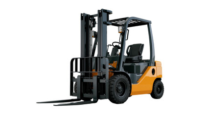 Orange and black industrial forklift truck with metal forks, isolated on transparent background © iPNGi