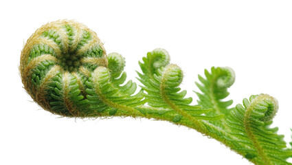 Green fern frond unfurling with fuzzy brown edges, isolated on transparent background © iPNGi