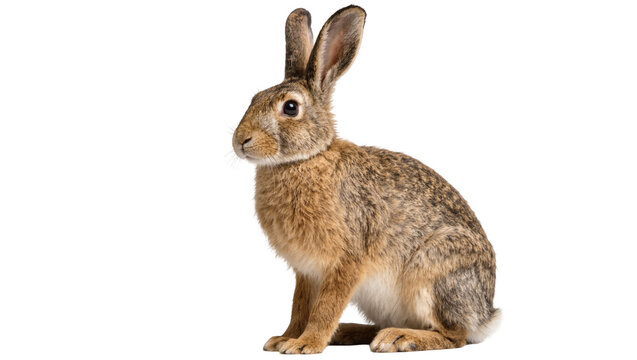 Brown hare sitting attentively, isolated on transparent background