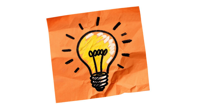 Drawn light bulb with radiating lines on crumpled orange paper, isolated on transparent background