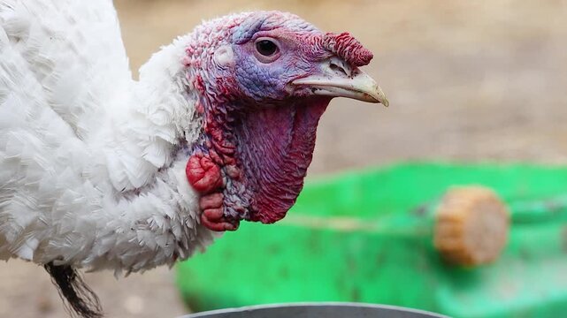Water Drop Falling from the Beak of a Thirsty White Farm Turkey