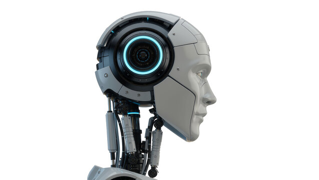 Advanced humanoid robot head with glowing blue eye, isolated on transparent background