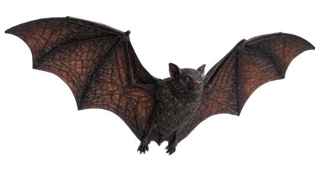 Dark brown textured bat with outstretched wings, isolated on transparent background
