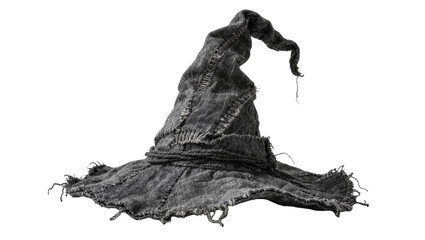 Dark grey frayed fabric wizard hat with rope band, isolated on transparent background © iPNGi