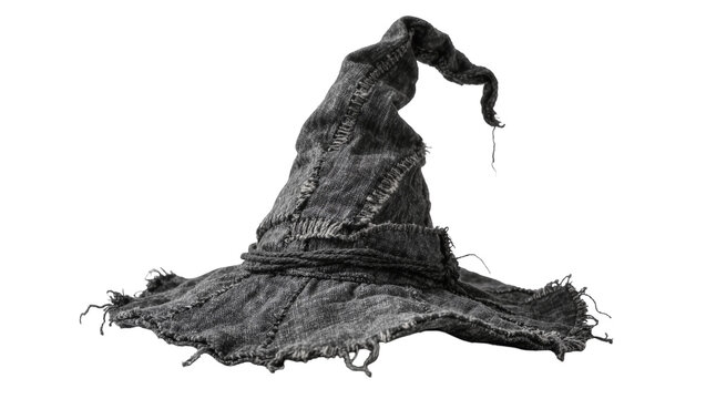 Dark grey frayed fabric wizard hat with rope band, isolated on transparent background