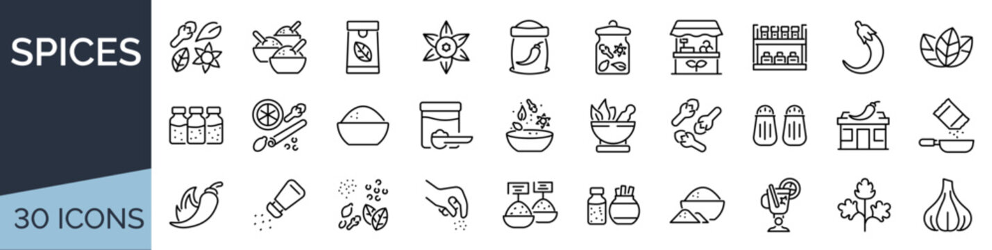 Set of 30 outline icons related to spices. Linear icon collection. Editable stroke. Vector illustration