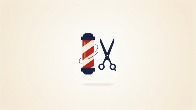 Minimal flat graphic illustration featuring a barber pole and scissors on a beige background with white striped barber pair open scissors pole icon