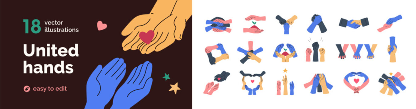 Hands together for support, team, unity and love set. People holding hands together, giving heart, showing fist gesture, handshake. Concept of community, teamwork, care. Flat vector illustrations