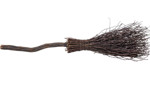 Rustic twig broom with natural wood handle, isolated on transparent background