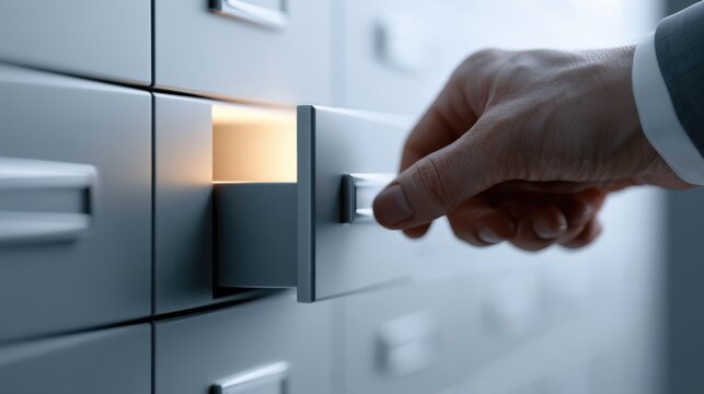A hand opening a drawer in a filing cabinet, revealing a glowing light inside