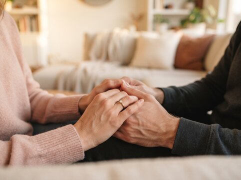 Couple holding hands while sitting together on a couch at home with connection intimacy relationship together affection togetherness interaction solidarity affinity closeness attachment
