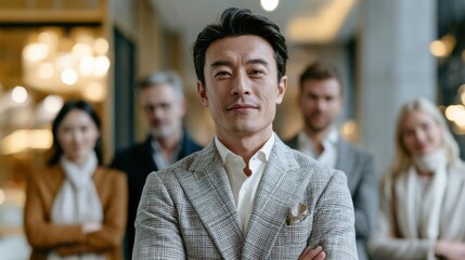 Fototapeta premium A confident Asian businessman stands at the forefront with his arms crossed, leading a diverse team in the background. The subtle office lighting highlights his determined expression.