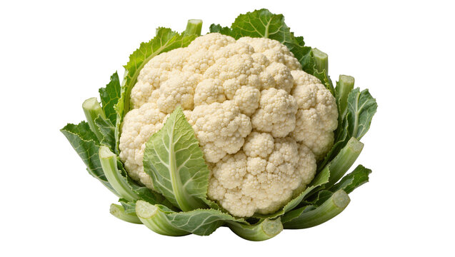 Fresh white cauliflower head with green leaves, isolated on transparent background