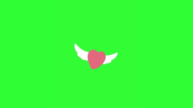 Pink heart symbols with white wings floating in a playful flying pattern on a bright green screen background. This cute romantic motion graphic is suitable for Valentine's Day 