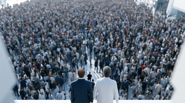 A massive crowd of people gathered, with two figures in the foreground facing the throng, creating a sense of scale and event