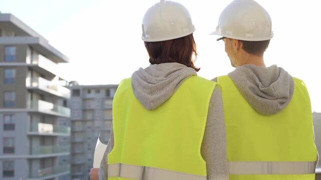 Man and woman architects or engineers wearing safety hard hats and vests holding blueprint and discussing something on construction site at sunrise, back view. Architecture and engineering