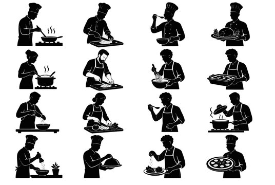 Chef and Cook Silhouette Collection - Cooking, Chopping, Holding Utensils and Serving Food