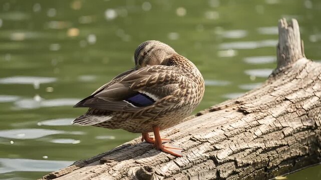 Mallard duck preening feathers on a fallen log, female wild duck resting by a pond in a park, brown waterfowl grooming on a wooden branch over water, serene nature scene with aquatic bird