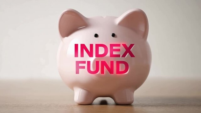 A pink piggy bank with INDEX FUND boldly displayed on its side. ..Created with Generative AI, not depicting real subjects.