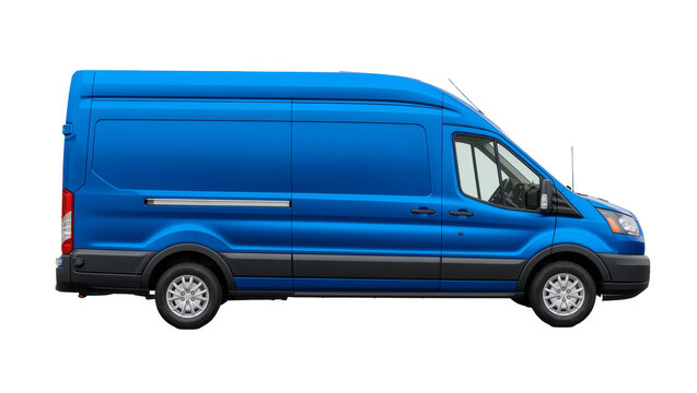 Bright blue cargo van with sliding door, isolated on transparent background