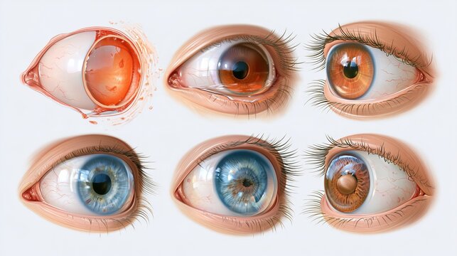 Home Eye Safety Month: illustration in the style of a medical textbook plate showing cross-section diagrams of common eye injury types (corneal abrasion, chemical splash, foreign object),