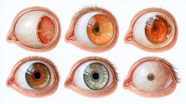 Home Eye Safety Month: illustration in the style of a medical textbook plate showing cross-section diagrams of common eye injury types (corneal abrasion, chemical splash, foreign object),