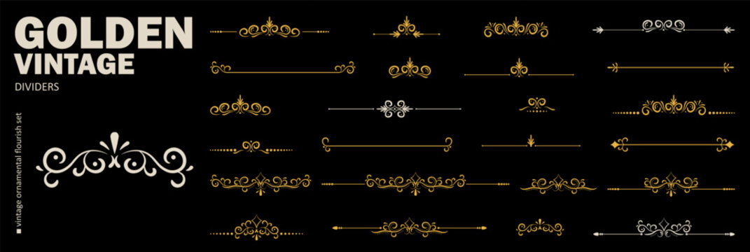Elegant golden scroll chapter divider collection with delicate vintage lines and graceful ornamental curls on black for invitations, books, menus, certificates and layouts.