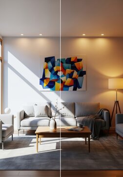 A photorealistic split-screen interior showing a modern living room transitioning from bright natural daylight to warm ambient night lighting, daylight, atmosphere, sofa