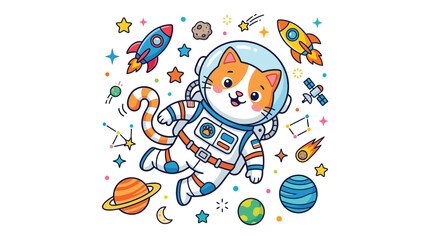 Fototapeta premium Cute Cartoon Cat Astronaut Floating in Outer Space with Rockets, Planets, and Stars, Kawaii Vector Illustration