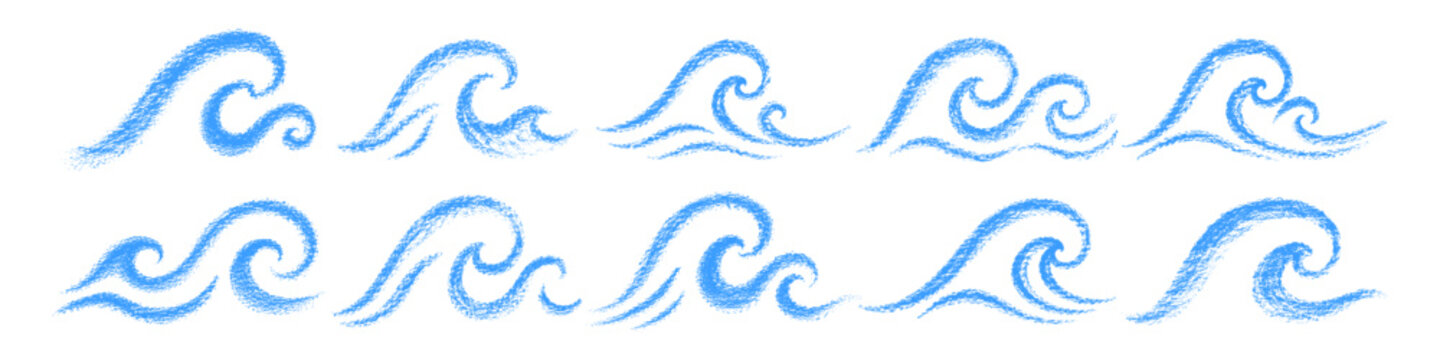 Blue crayon wave line set with hand drawn pencil sea curves