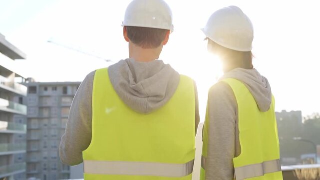 Man and woman architects or engineers wearing safety hard hats and vests holding blueprint and discussing something on construction site at sunrise, back view. Architecture and engineering