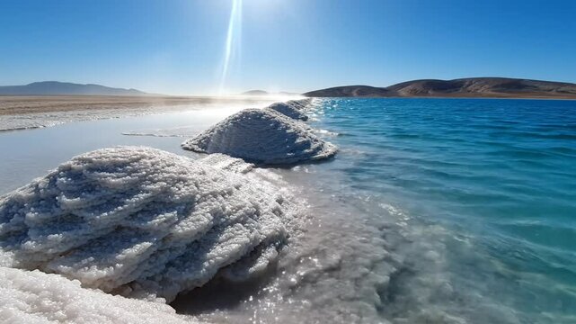 Scenic coastal landscape with white crystallized formations and turquoise water under a bright sun