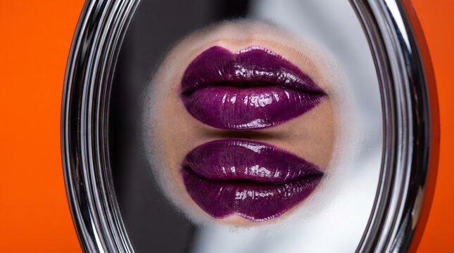 Close up view of bright purple female lips in mirror reflex