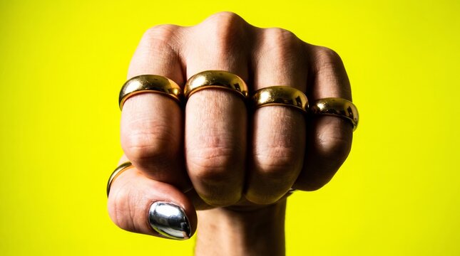Hand displaying golden rings against vibrant yellow background