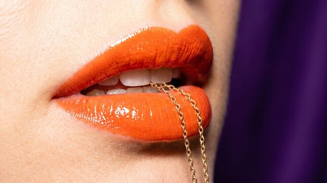 Vibrant orange lips with gold chain accessory, bold makeup statement
