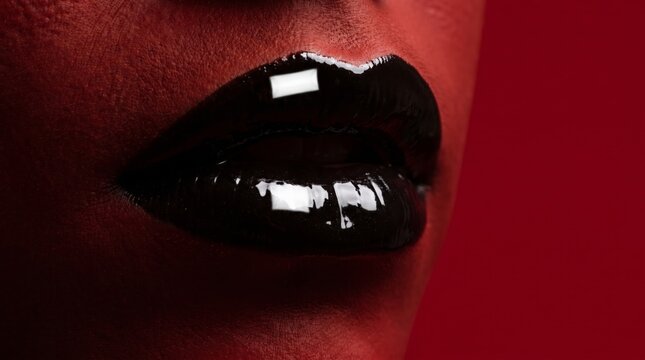 Bold black lipstick glossy lips against vibrant red background