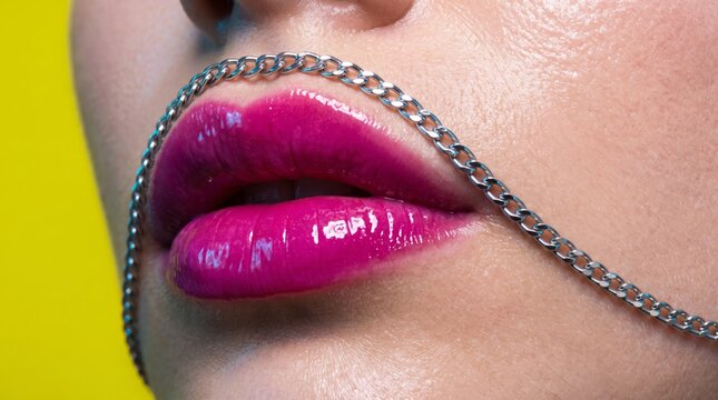 Vibrant magenta lips with chain detail against yellow background