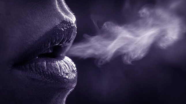 Lips exhaling colored powder cloud in purple haze