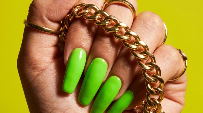 Hand displaying bright green nails with gold chain rings on vibrant yellow background