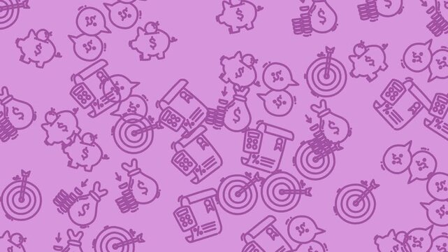 Purple pattern background with piggy banks, money bags, targets, and document icons, perfect for financial themes in designs and presentations.
