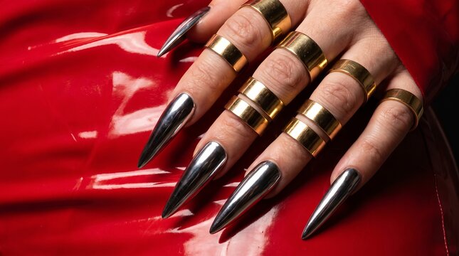 Hand displaying stiletto nails with gold bands on red glossy surface