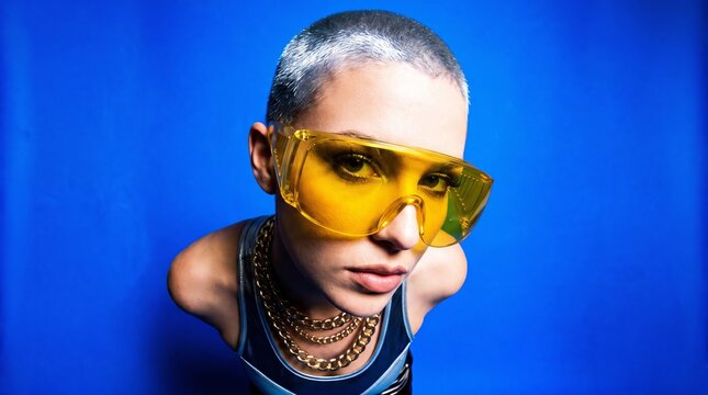 Person wearing oversized yellow sunglasses against vivid blue background