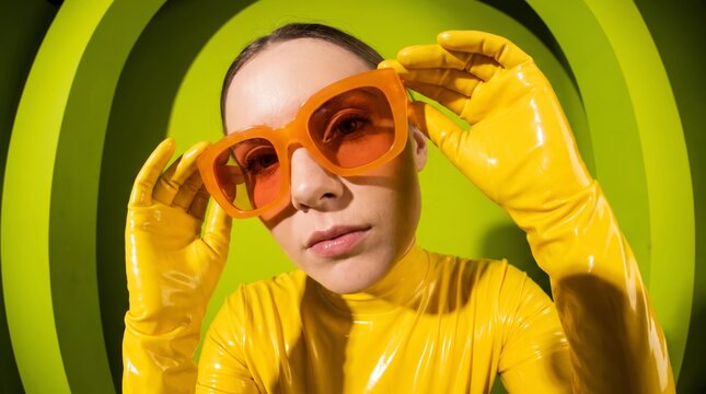 Person wearing oversized orange sunglasses, yellow gloves against vibrant lime green background