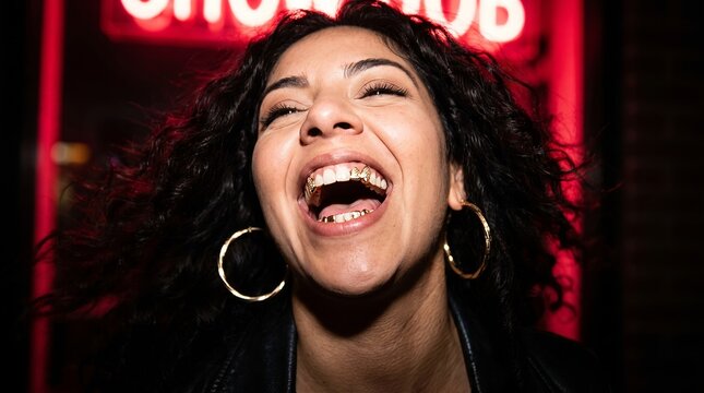 Woman laughing joyfully under neon red light