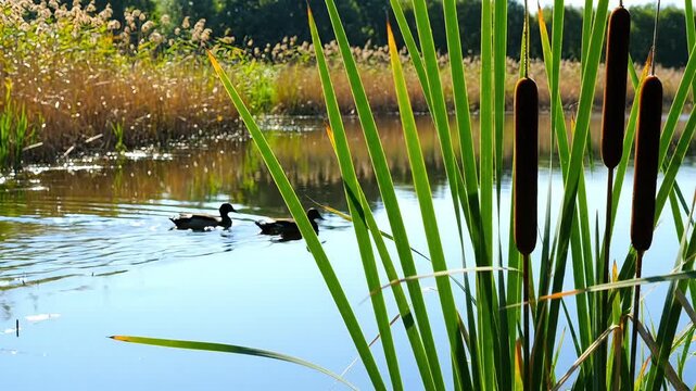 Tranquil marsh landscape with wild ducks swimming in a calm pond, green cattails and bulrushes in the foreground, peaceful wetland ecosystem with aquatic birds and lush riverbank vegetation