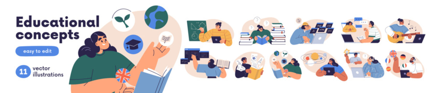 Education concepts set. Students studying physics, coding, training, doing lessons. People learning with books and laptops online via internet. Flat vector illustrations isolated on white background