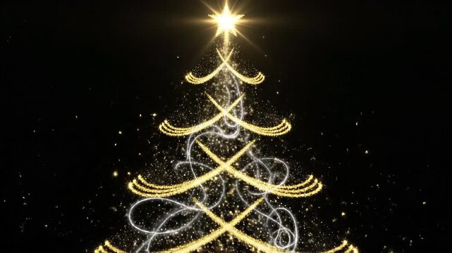 Golden crisscross and silver swirl Christmas tree shape with star topper against a dark background. Suitable for holiday, greeting, celebration, banner, promotion, project.