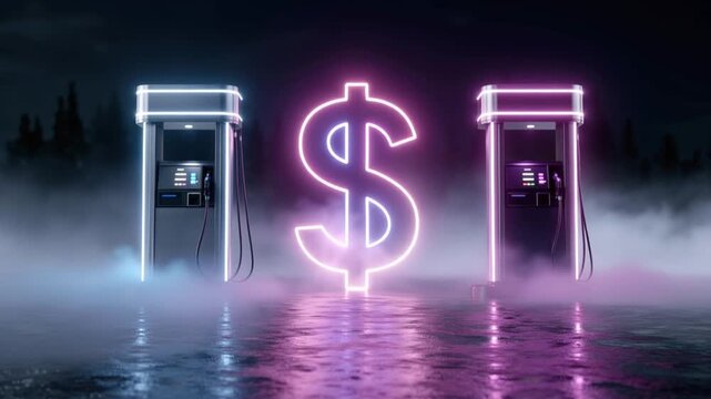 A neon dollar sign glows brightly between two glowing gas pumps in a foggy, atmospheric scene. ..Created with Generative AI, not depicting real subjects.